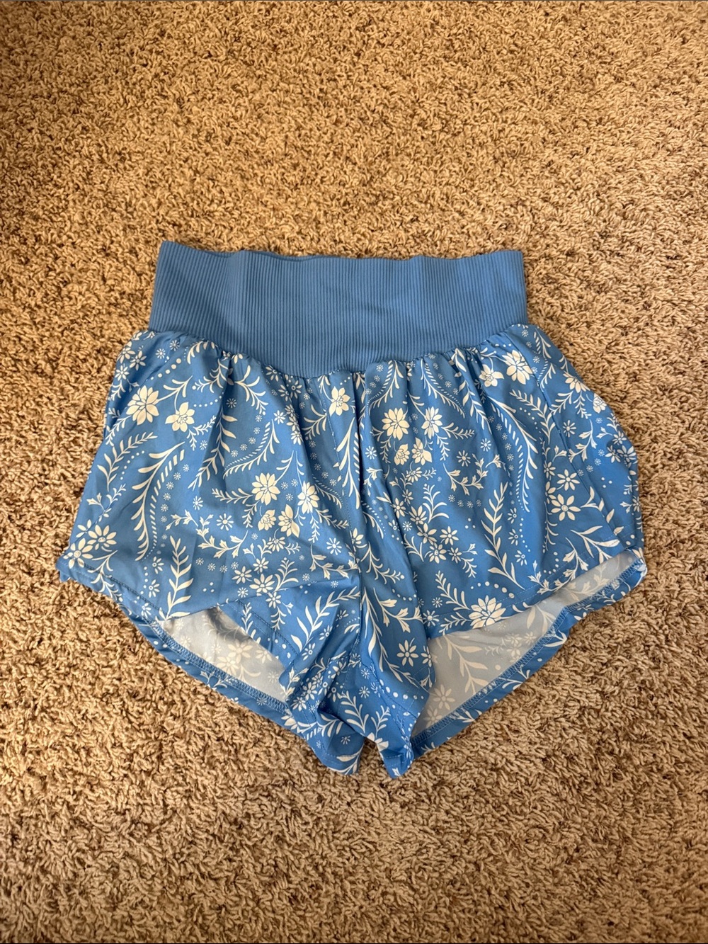 Women's Blue Floral Athletic Shorts with High Ribbed Waistband